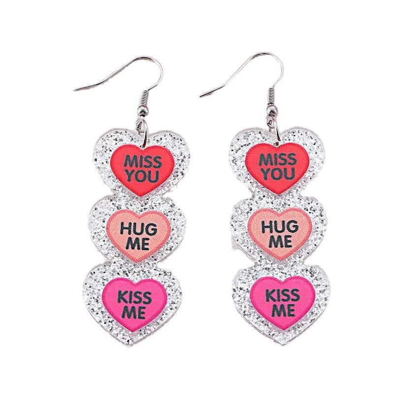 Wholesale three-color love stitching earrings Valentine's Day romantic English heart glitter pendant earrings